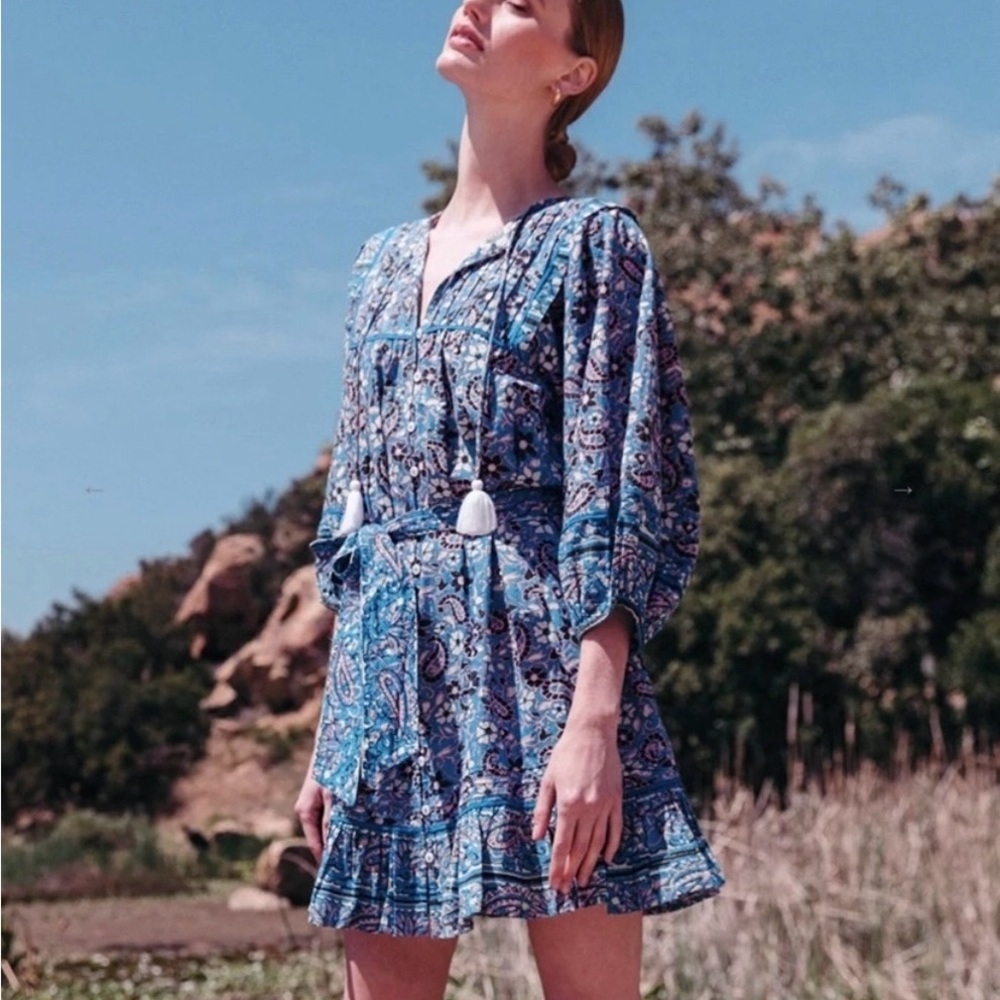 Cleobella Cora Cotton Blue Paisley Aline Full Women’s Bohemian Tassel Dress Sz M - Picture 3 of 12